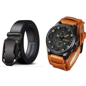 Men Accessories Set Of Leather Wristwatch And Black Belt